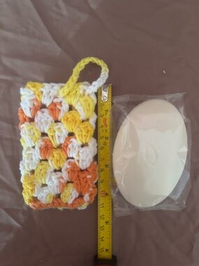 Handmade Crochet Soap Saver Scrubbie with Yellow, Orange & White